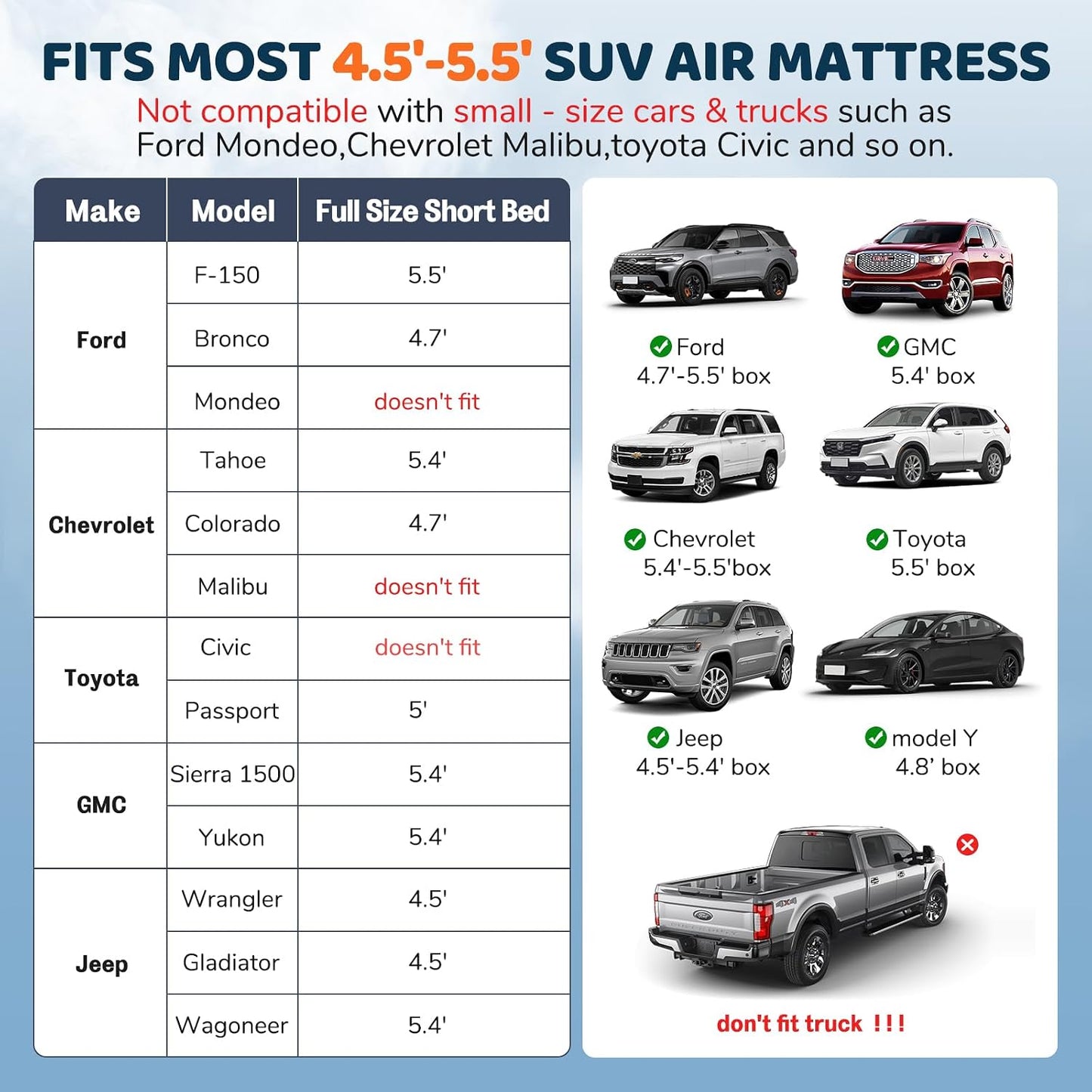 dessports SUV Air Mattress Inflatable Travel Bed: Foldable - Portable Car Inflatable Bed Camping & Road Trips - Thickened Car Air Mattress for Back Seat with Carry Bag & Cup Holder & 2 Pillows