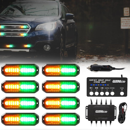 WINECO Emergency lights for vehicles, Emergency Strobe Lights Kit Surface Mount Grill Grille light Warning Lighthead 22 Flashing Modes for Off-Road Volunteer Vehicles ATV Trucks 8PCS 12 LED G/A