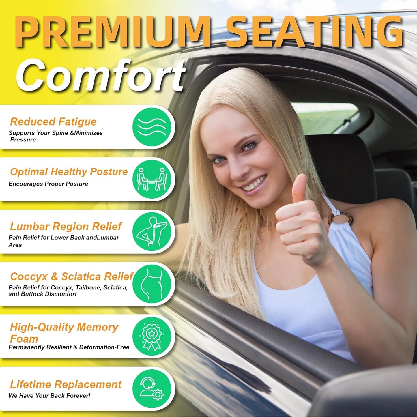 kingphenix Car Seat Cushion with Back Support Pillow, Memory Foam, Black | Memory Foam Car Cushion for Long Driving, Truck, Office Chair, Tailbone and Lower Back Support