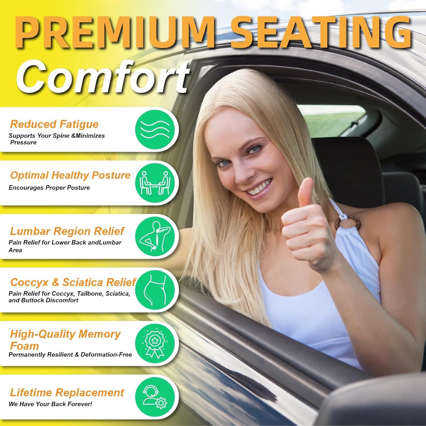 kingphenix Car Seat Cushion with Back Support Pillow, Memory Foam, Gray | Memory Foam Car Cushion for Long Driving, Truck, Office Chair, Tailbone and Lower Back Support
