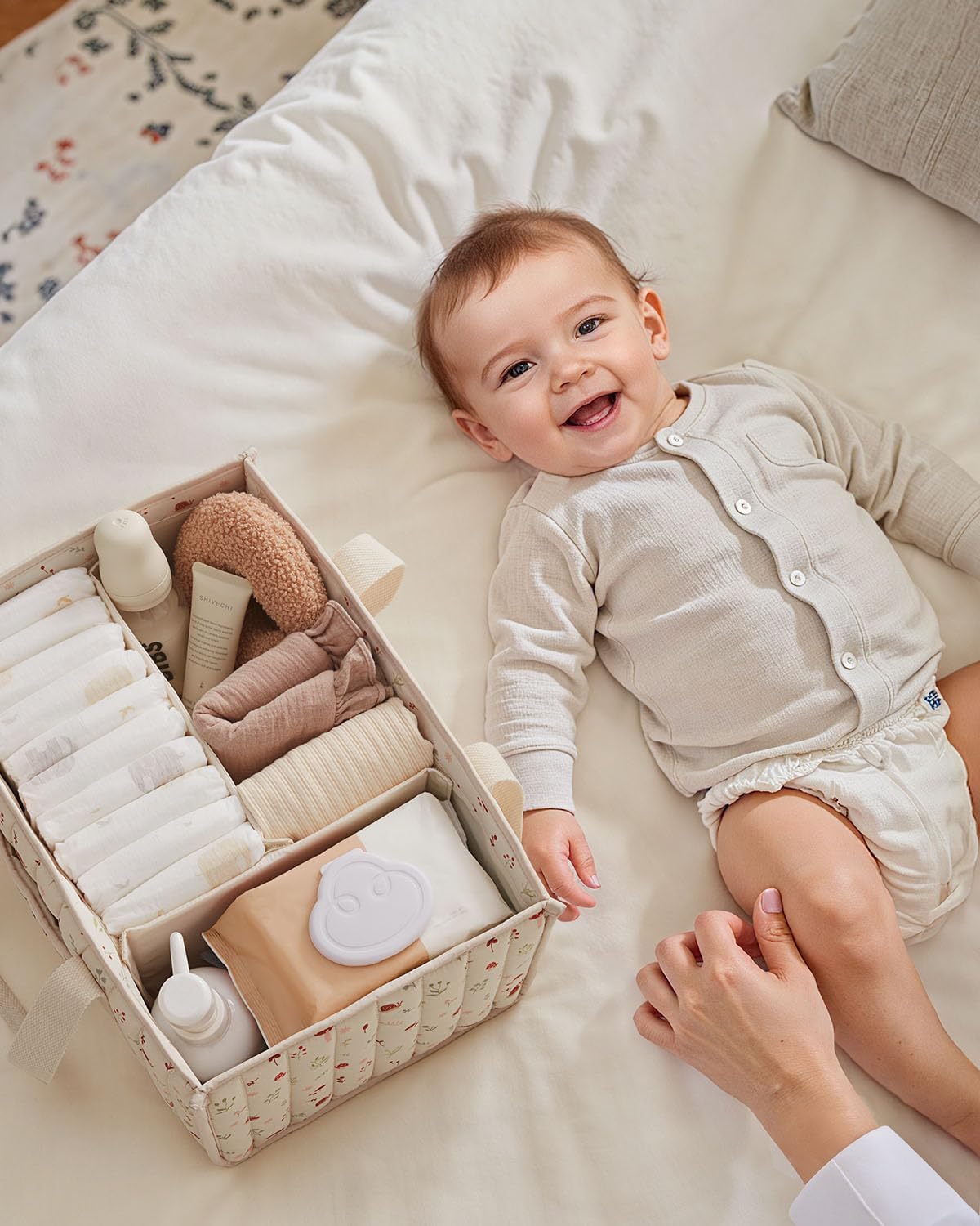 Blissful Diary Woodland Diaper Caddy Organizer, Stylish Nursery Storage Basket, Gift for Baby Shower, Newborn Essentials, Woodland Cream