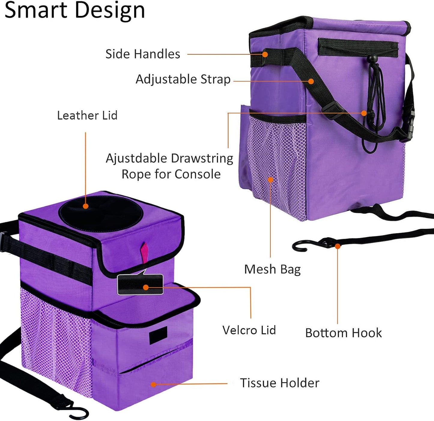 Car Trash Can Foldable Garbage Bin Leakproof 3 Gallons Purple
