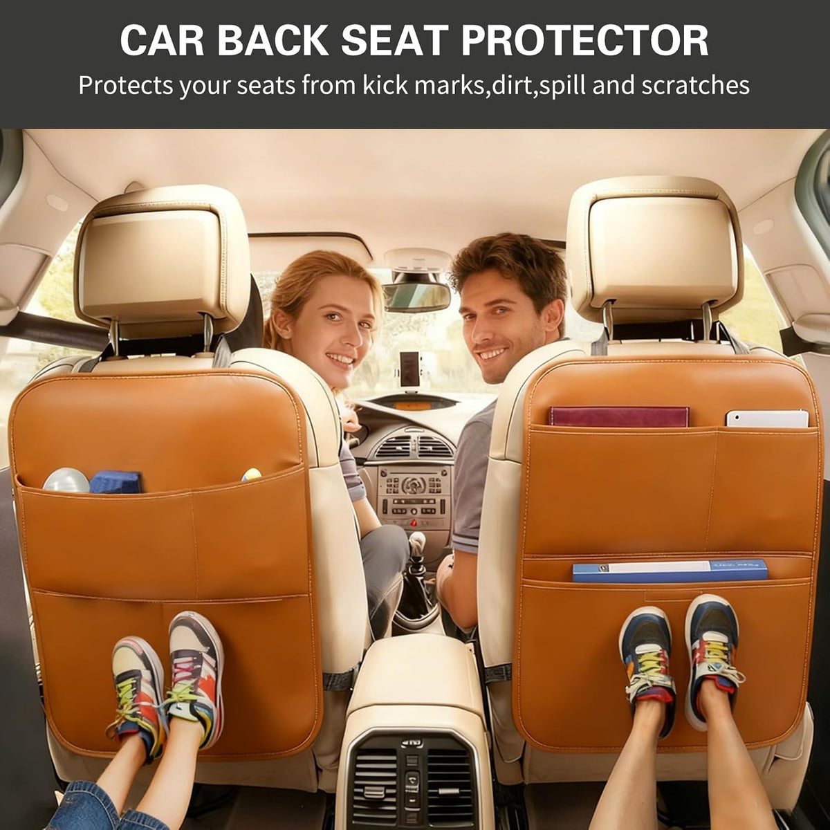 SUTSU Kick Mat Back Seat Protector， Waterproof Leather Car Seat Back Organizers Cover with 3 Storage Pockets for Kids Pets SUV Sedan Minivan Truck Car Travel Accessories (Coffee 2-pack)