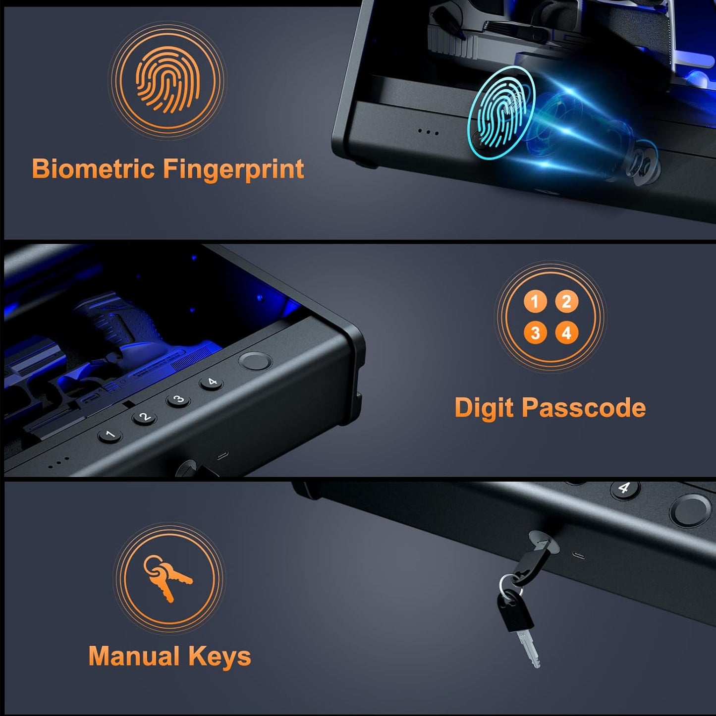 PINEWORLD Biometric Fingerprint Handgun Safe with Raised Backlit Keypad&Key | Interior Light & Emergency Power Supply& Voice Navigation & Mute Mode, With Cable For Home, Nightstand, Car,Travel. Nice Gift