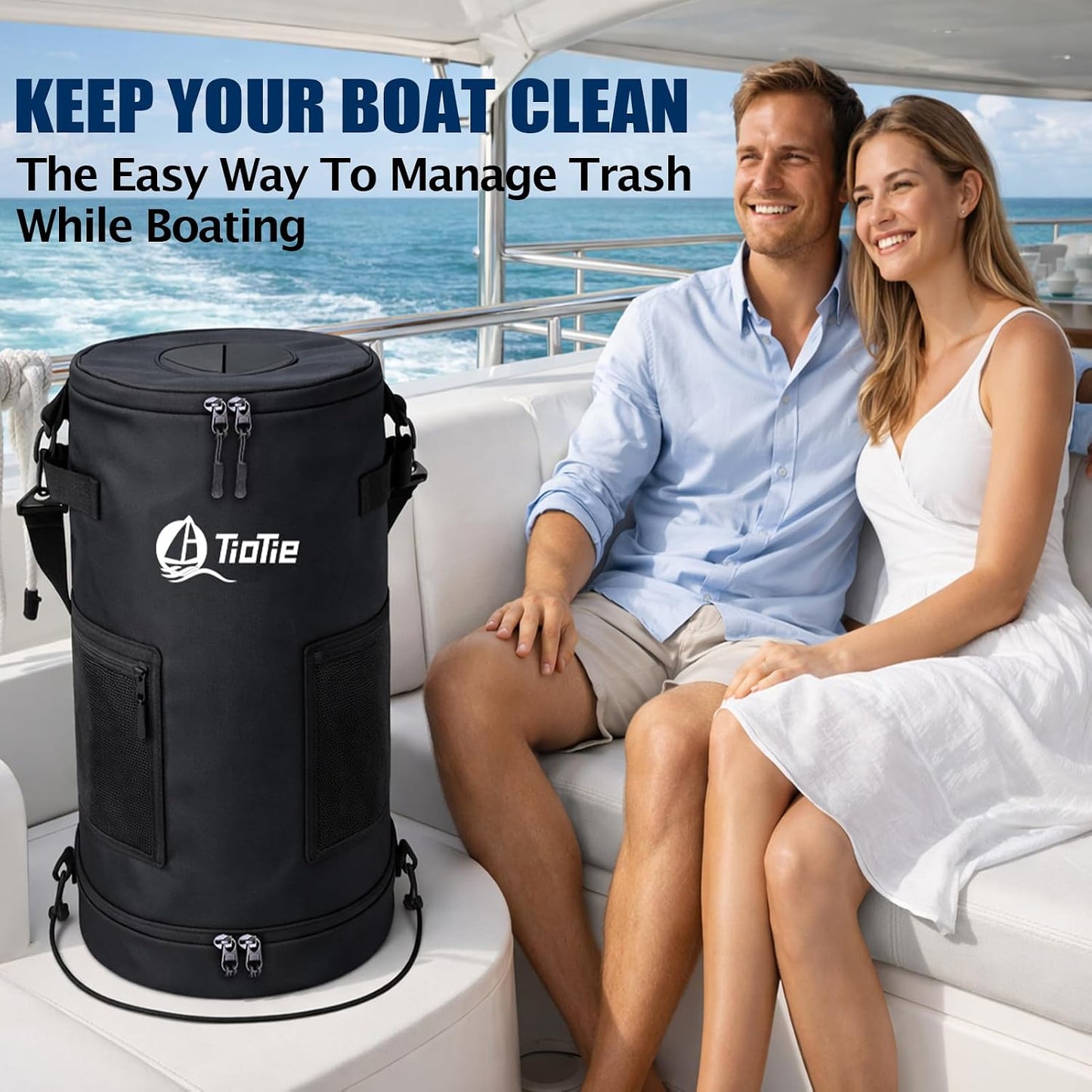 Boat Trash Can with 5.5in PVC Cross Opening, Large 26" Marine Garbage Bag for Pontoon, Fishing &amp; Kayak Boats, 1680D Waterproof/Windproof Boat Trash Bag with Storage Pockets (Black)