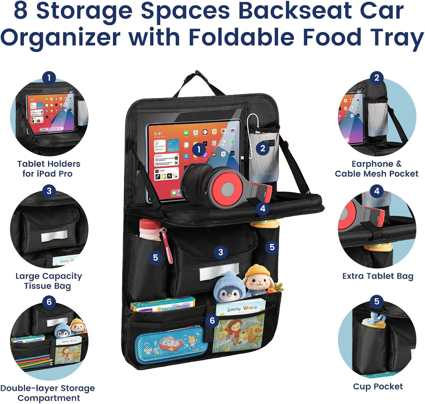 MoKo Car Organizer Back Seat, Backseat Car Organizer with Foldable Table Tray, 8 Pockets, Back Seat Organizer with Transparent Tablet Pocket for Road Trip, 600D Oxford Cloth, 2 Pack, Black