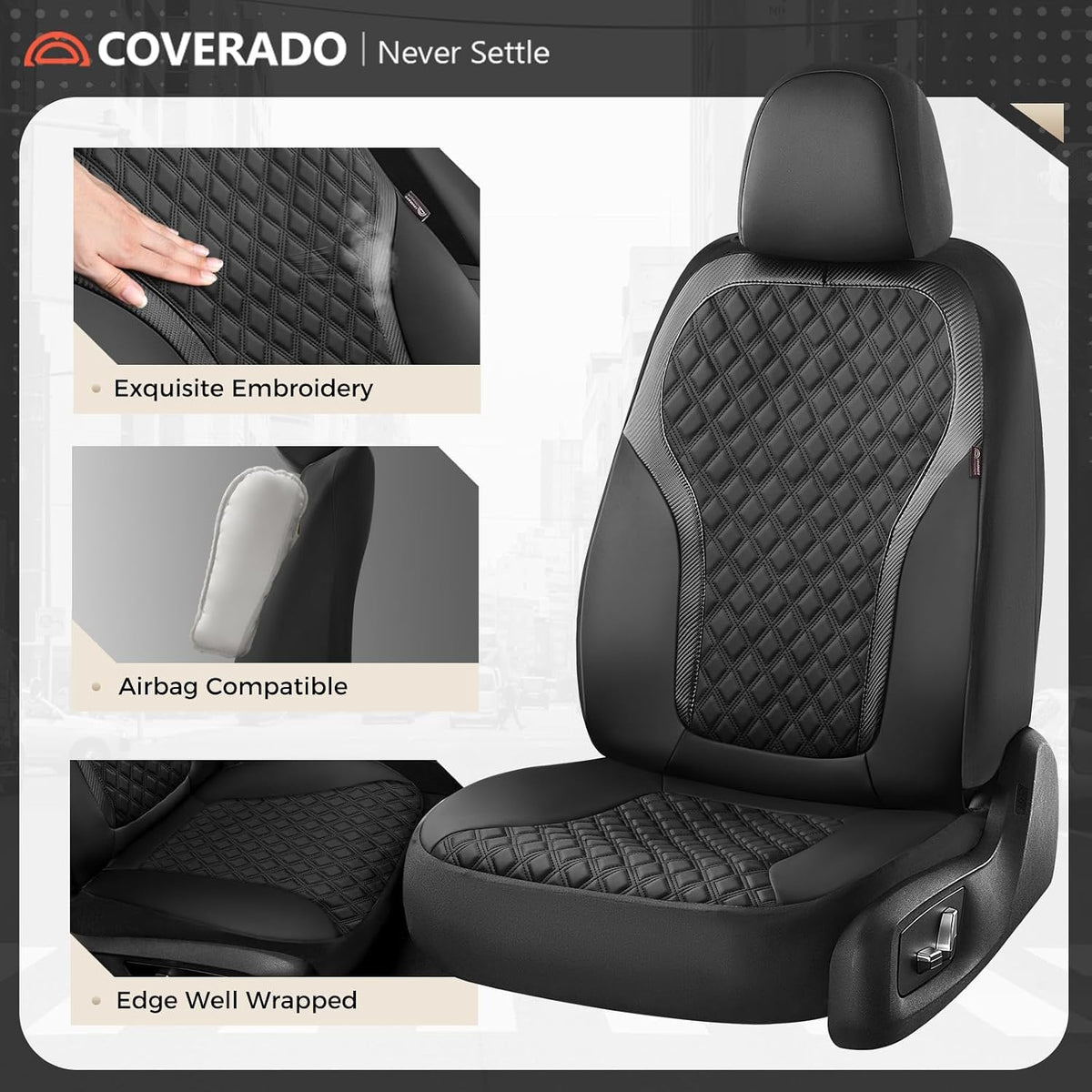 Coverado Front Seat Covers, Luxury Diamond Leather Car Seat Cover with Carbon Fibre Weave Design, Waterproof Car Seat Protectors, Black Driver Seat Covers Universal Fit for Cars SUV Trucks
