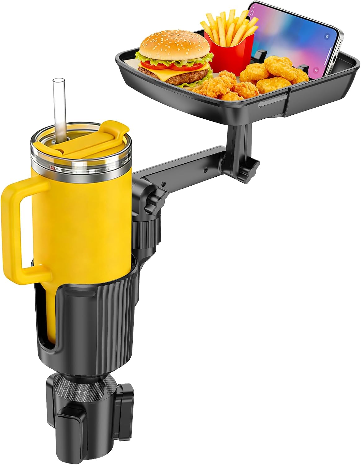 Car Cup Holder Tray, Cup Holder Expander 20.5" Height Adjustable Arm Car Food Tray Table for Eating with Phone Holder Road Trip Essential fit Most Bottles