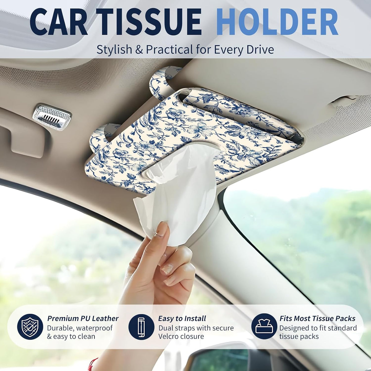 Car Tissue Holder, Cute Sun Visor Napkin Holder Backseat Tissue Case, PU Leather Tissue Box, Funny Car Accessories for Women Men Luxury Blue Flowers