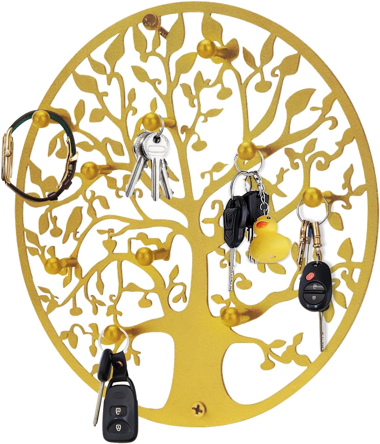 Round Decorative Home Key Holder Wall Mount, Metal Tree Car Key Rack for Wall Organizer for Keys, Wallets, Hats, Used for Decor for House Entryway, Kitchen, Garage, Office (12" Gold)