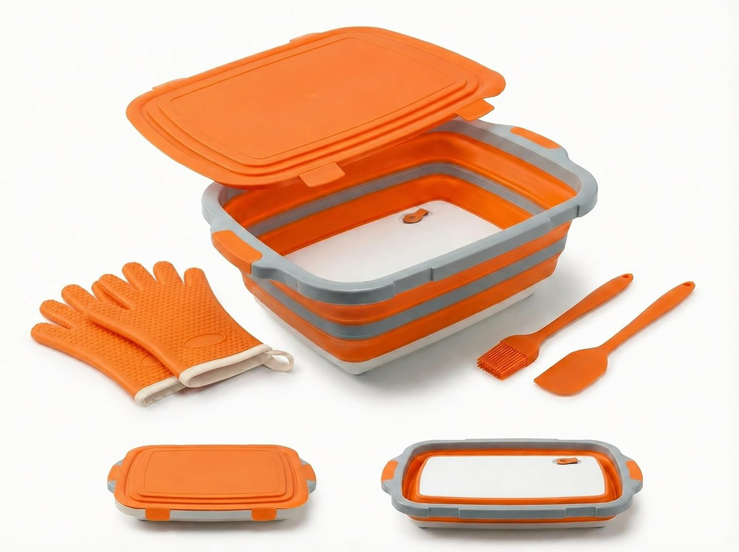 Collapsible BBQ Prep Tub with Lid & Cutting Board 16L - XL Meat Marinating Basin & Grill Carry System - 5pc Set with Heat Resistant Gloves, Basting Brush & Spatula(Orange, Large, 16L)
