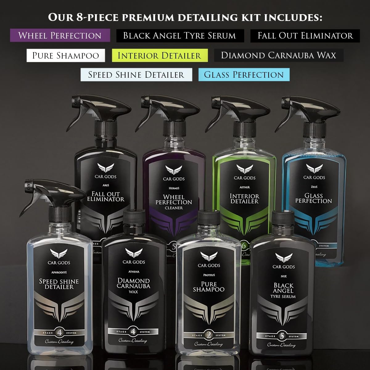 Car Gods 8 Piece Car Cleaning Detailing Kit - Shampoo - Carnauba Wax - Wheel Cleaner - Shine Detailer - Fallout Eliminator - Tyre Serum - Interior Detailer - Glass Cleaner