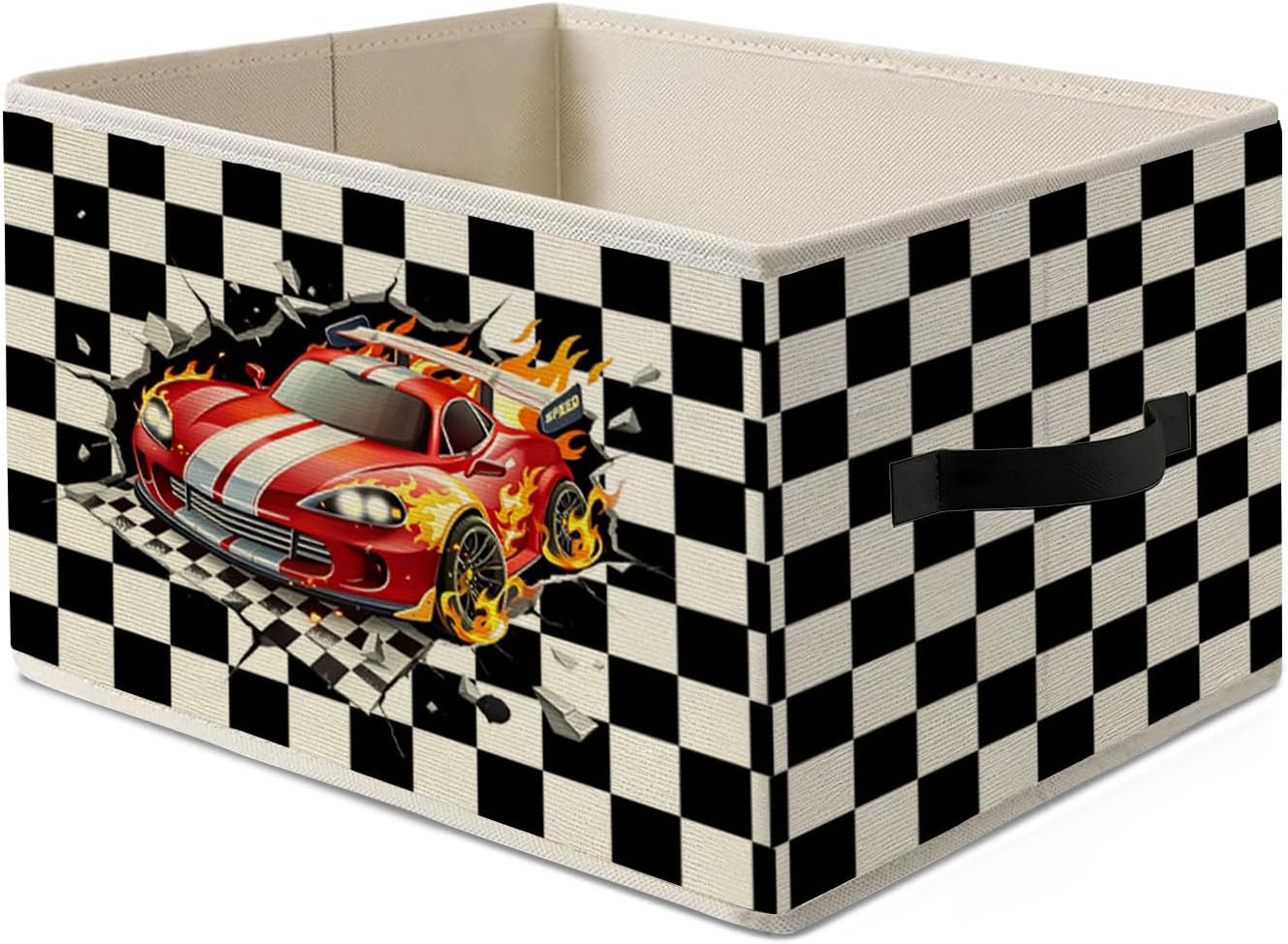 Racing Storage Bins Box,Race Car Room Decor | Ready Set Go Black Checkered Foldable Collapsible Storage Basket Organizer for Kids Nursery Bedroom Toys Playroom