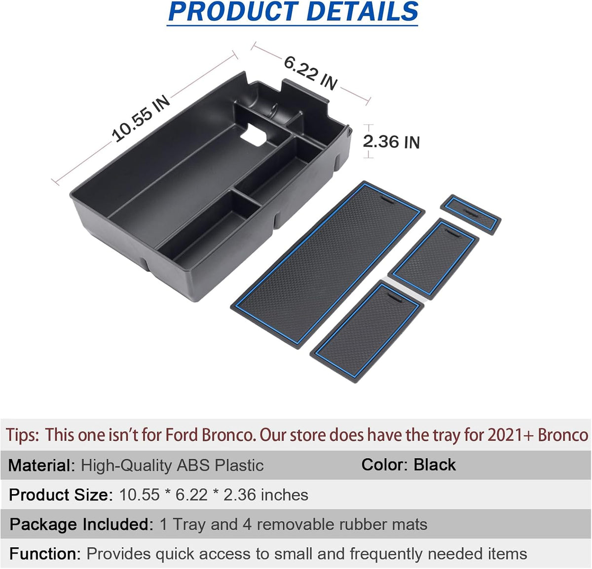 Blue Center Console Tray for 2020-2026 Ford Escape/2021-2025 Bronco Sport