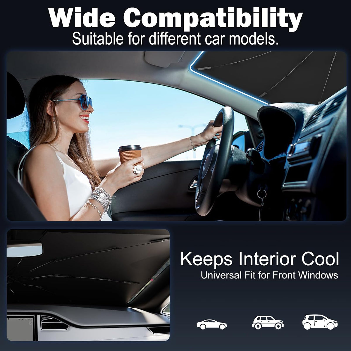Car Windshield Sunshade Umbrella – Sun Shade for car Windshield Blocks UV Rays & Heat, Keeps Interior Cool, Foldable Sun Visor Cover with Fit for Front Windows(56" L x 31" W) Ideal for Most sedans.