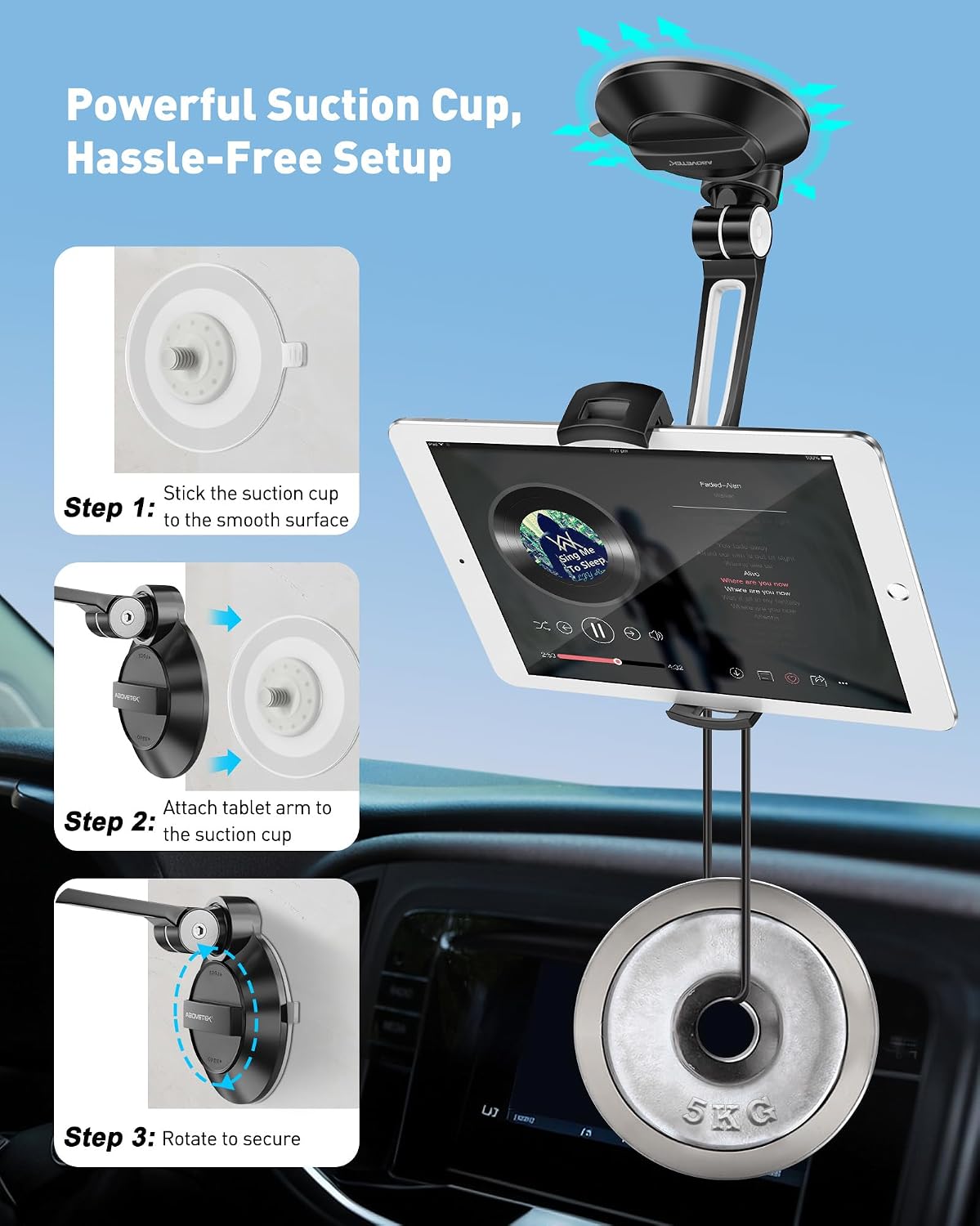 AboveTEK iPad Suction Mount, Phone Tablet Stand Holder with Suction Cup Fits 4"-11" Tablet/Phone/iPad mini/Air, Sticky iPads Mount on Window Bathroom Mirror, for Car Truck Windshield Boat (Black)