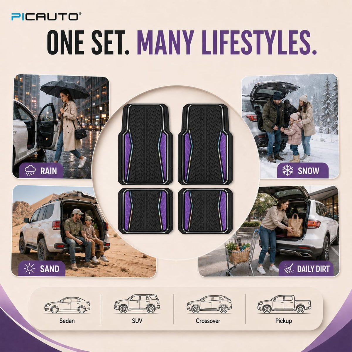PIC AUTO Car Floor Mats, Purple Aluminum-Molded with Full-Circle Iridescent Inlay Strip Car Mats, Universal-Fit Rubber Mats for Cars, Trucks & SUVs, All-Weather, Non-Slip, Easy-to-Clean Interior Mats