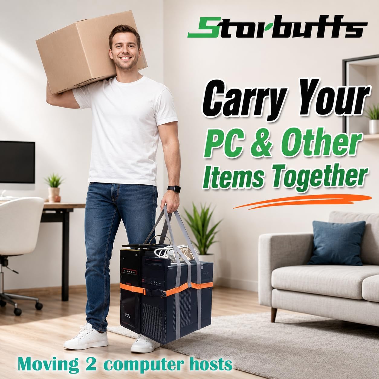 Desktop Computer Tower Carrying Straps, Heavy Duty PC Case Straps for Gaming PC Moving, Adjustable Desktop Carrying Harness for PC Tower Transport, Computer Strap Carry System