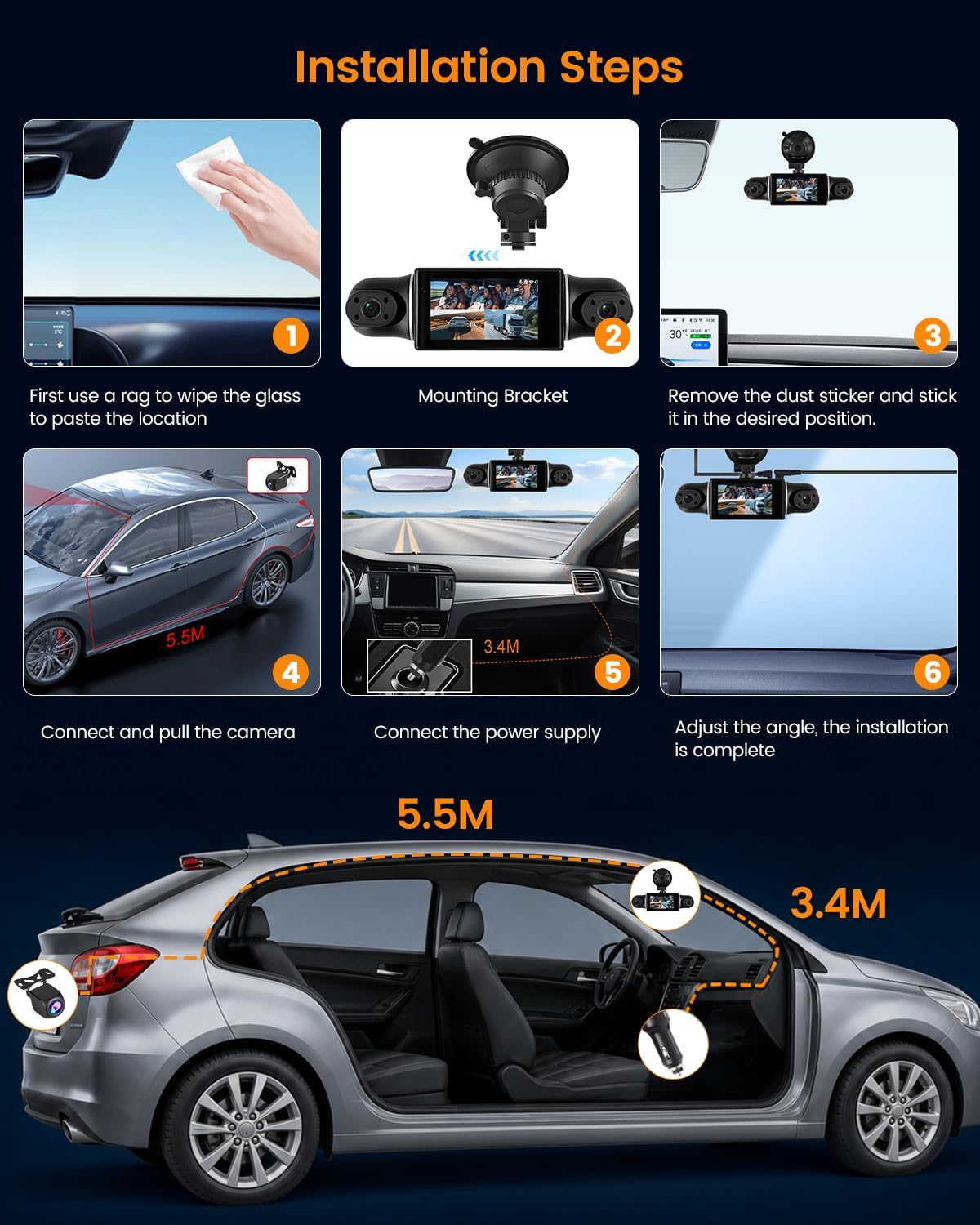 360 View 4 Channel Dash Cam Front and Rear Left Right Camera for Cars