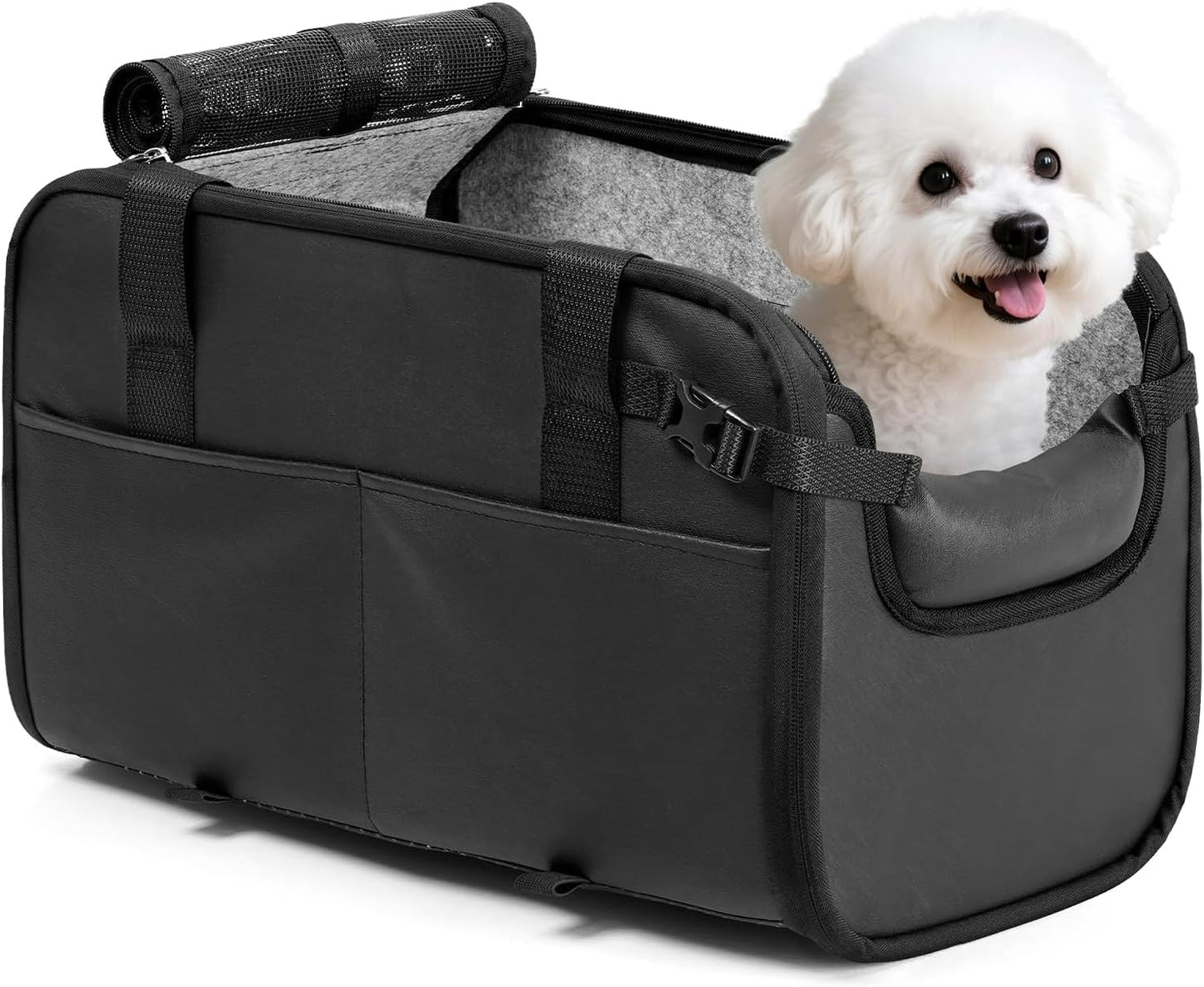 YUDODO Large Dog Car Seat for Center Console (Width＞9.5in) Fits 10-18lbs, Anti-Slip Puppy Cat Travel Portable Booster Seat, Luxury Pet Car Bed Carseat PU Leather Black