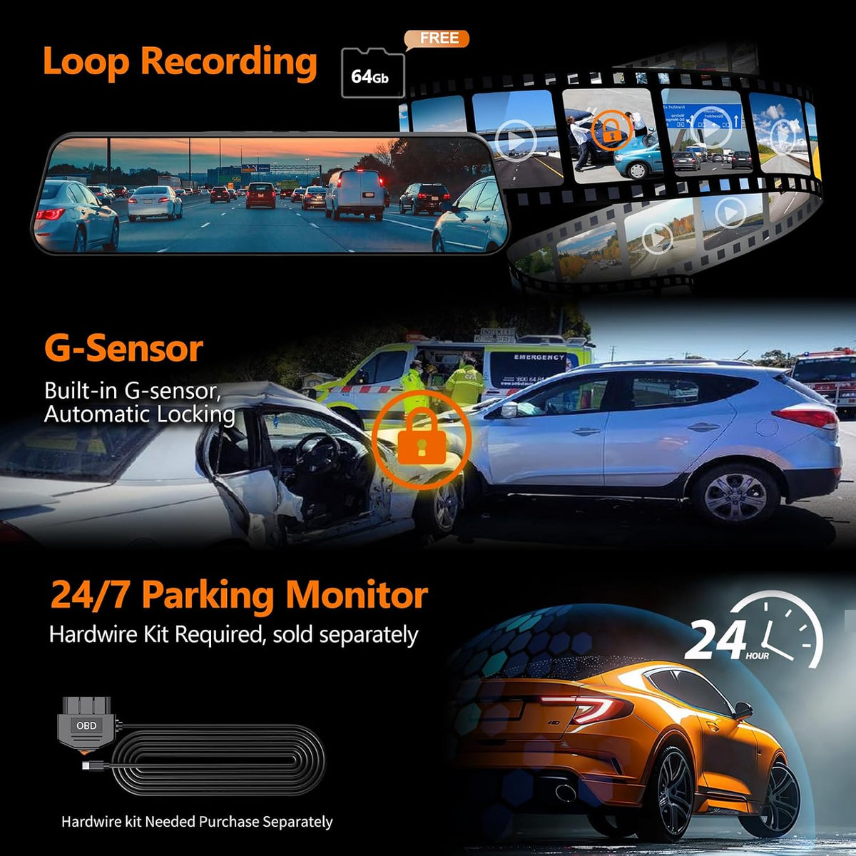 4K Mirror Dash Cam, 12" Touch Screen, STARVIS Front 4K, STARVIS 2 Rear, BSD