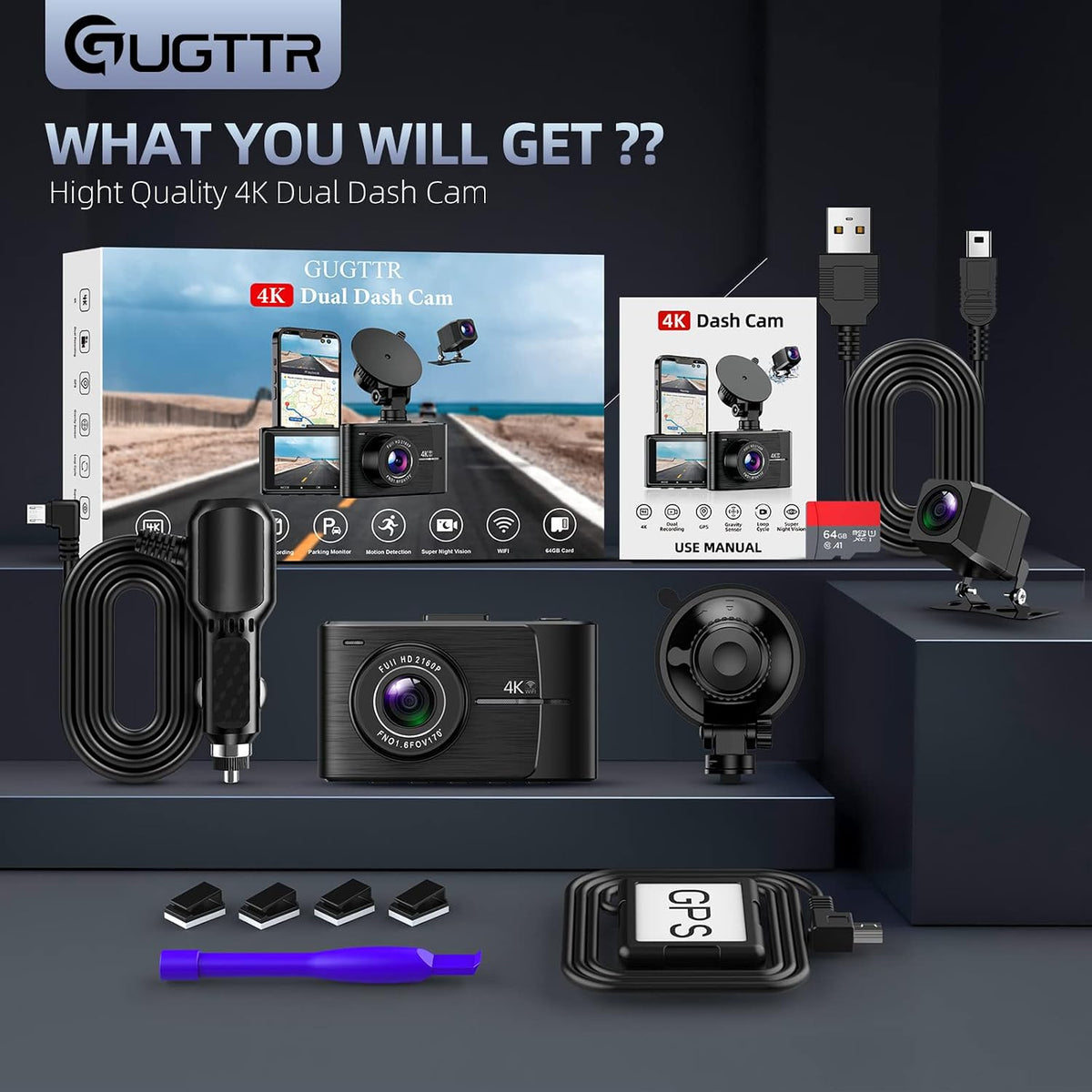 GUGTTR 4K Dash Cam Front Rear, Dash Camera for Cars with Wi-Fi GPS, 4K+1080P Dashcam with APP, 3.16” IPS Screen, Night Vision, 170°Wide Angle, Loop Recording, G-Sensor, Parking Monitor,Free 64GB Card
