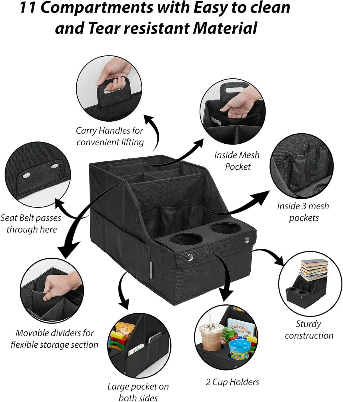 Heavy Duty Back Seat Car Organizer with 11 Adjustable Storage Compartments and 2 Collapsible Cup Holders - Car Seat Organizer for Kids, Travel, Camping & Household Storage