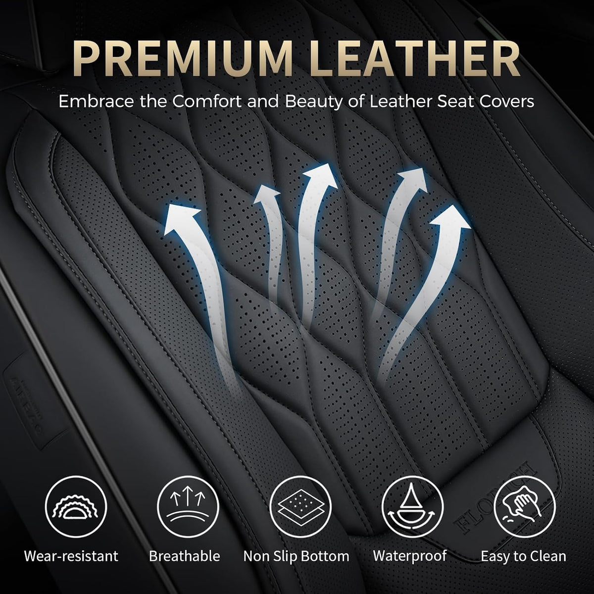 FLORICH Seat Covers Front Seats Leather Car Seat Cover Waterproof Automotive Seat Covers with Lumbar Support Full Coverage Car Seat Cushion Protector Universal Fit for Most Cars Trucks SUV, Black