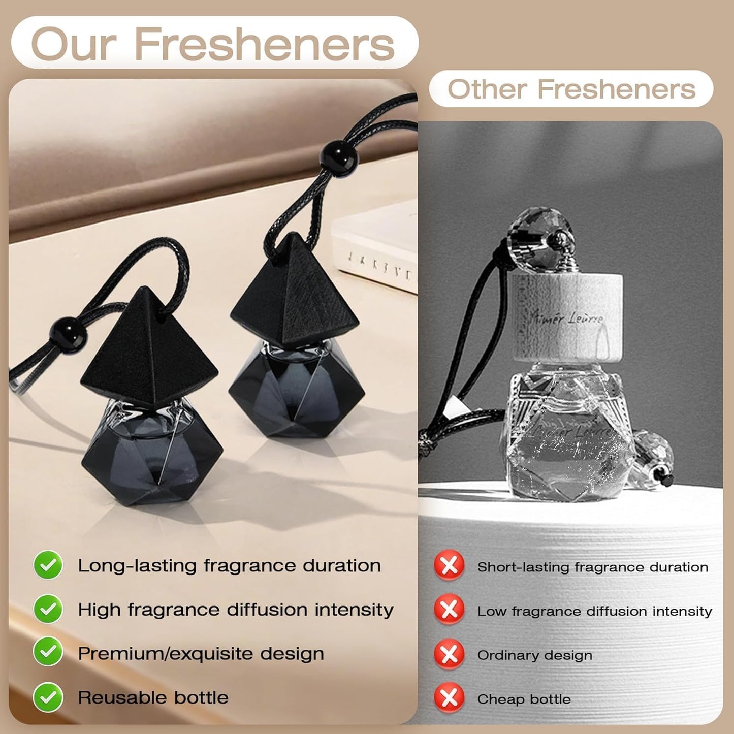 Luxury Perfume Scented Car Air Freshener - Hanging Essential Oil Diffuser with 90-Day Long-Lasting Fragrance, Premium Gift for Women(Pure white linen Scent, 2 x 8ml)