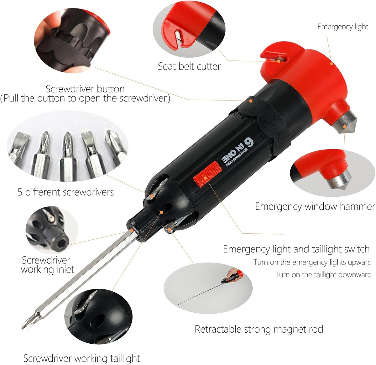 6-in-1 car Safety Hammer Escape Tool, Includes seat Belt Cutter, Window Breaker, 5 Types of Screwdrivers, Retractable Magnetic bar and Emergency Light Function (Dry Batteries not Included)