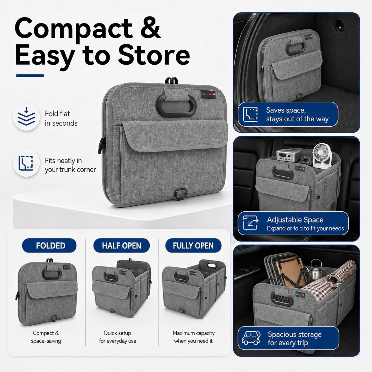 PAT SAM'S Trunk Organizer for SUV, Collapsible Car Trunk Organizer with Dividers, Waterproof 600D Oxford, Non-Slip Storage Organizer for Groceries, Tools, Travel, Truck & Car (Grey)