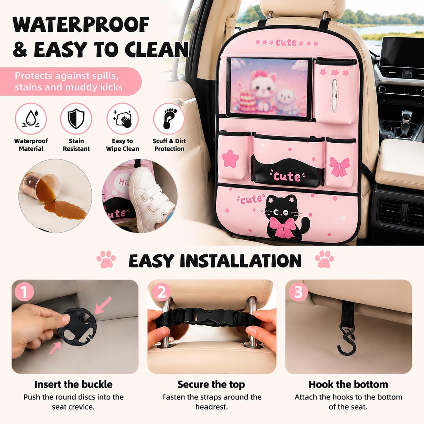 YUNZLAN Pink Black Backseat Car Organizer, Leather Kick Mats Back Seat Protector Organizer with Touch Screen Tablet Holder for Kids Travel Accessories