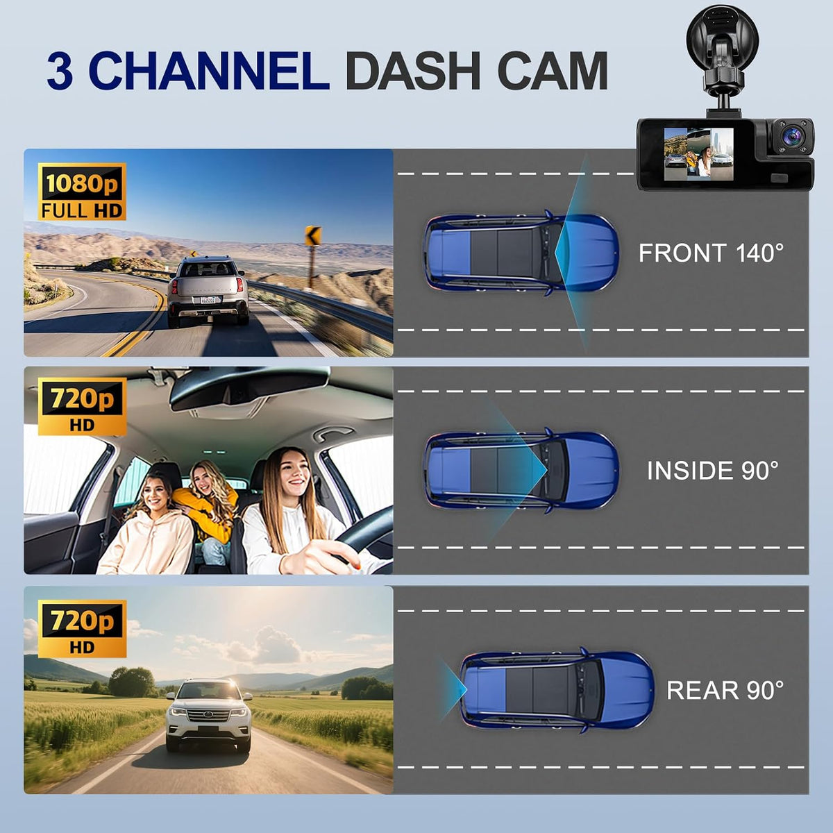 1080P 3 Channel Dash Cam Front and Rear Cabin Recording, 2.0" IPS Screen Camara para Carro, G-Sensor, Night Vision Loop Recording, Motion Detection, Heatproof, Electronics Max 64GB Support
