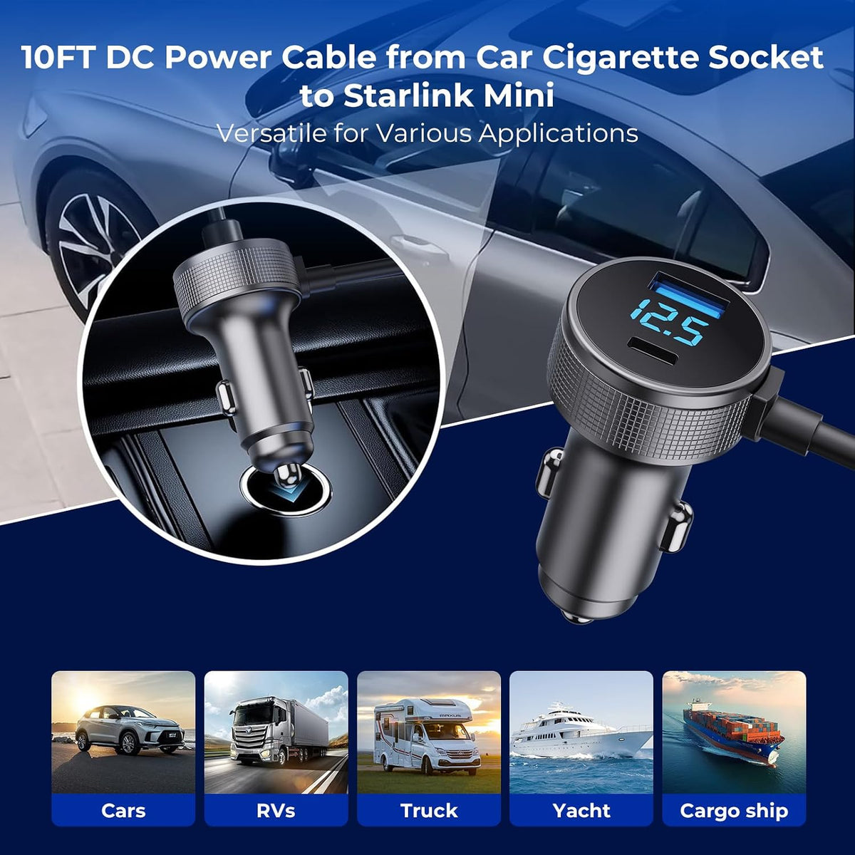 Starlink Mini Cable, 3 in 1 Starlink Mini Car Charger DC Power Cable+ Cigarette Lighter Adapter 12V-48V with Digital Display, Durable USB C PD 40W and USB A 35W Ports for Trucks and Cars (10FT)