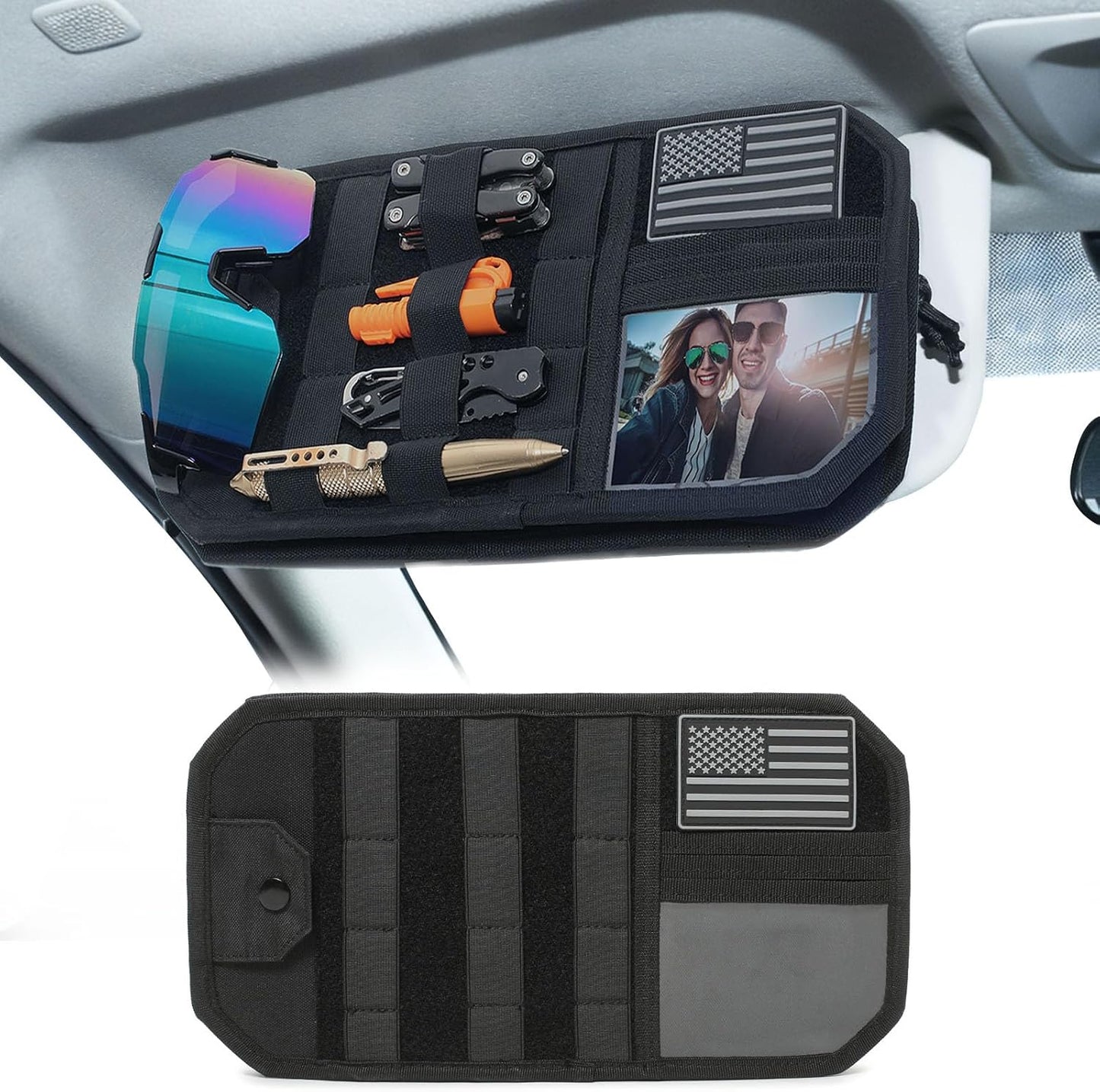 MOLLE Car Sun Visor Organizer, Semi-Rigid No-Sag Panel with Zipper Pouch, Glasses Clip & ID Slot, Tactical Visor Storage for Trucks SUVs Cars