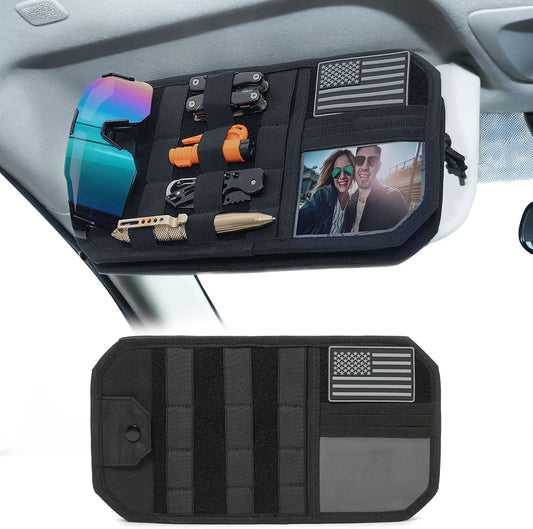MOLLE Car Sun Visor Organizer, Semi-Rigid No-Sag Panel with Zipper Pouch, Glasses Clip & ID Slot, Tactical Visor Storage for Trucks SUVs Cars