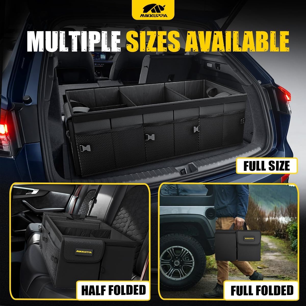 MIKKUPPA Car Trunk Organizer - 95L Collapsible Trunk Organizer with Lid, Sturdy Car Storage for SUV Auto Truck Van with Adjustable Straps and Non Slip Bottom (Black, XX-Large)
