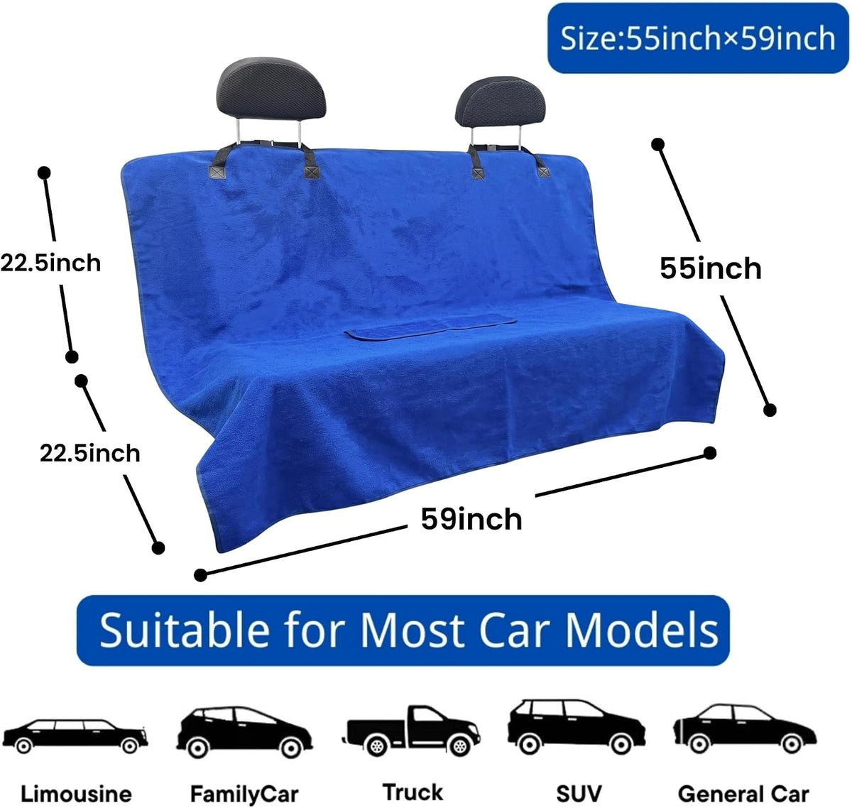 Waterproof Car Seat Cover for Front Seats, Protector for Cars SUVs Trucks, Sweat Towel Seat Covers Bucket for Gym,Workout,Beach,Hiking,Running(Blue,Rear Bench Seat Towel)