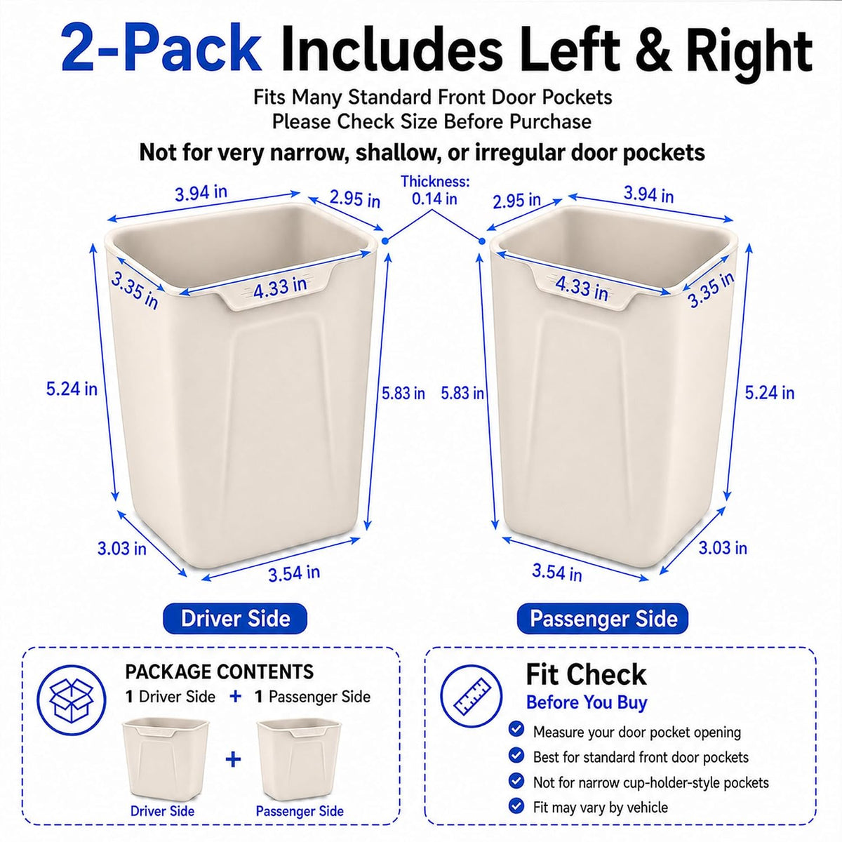 2-Pack White Silicone Car Trash Cans for Door Pockets, Stay-Open
