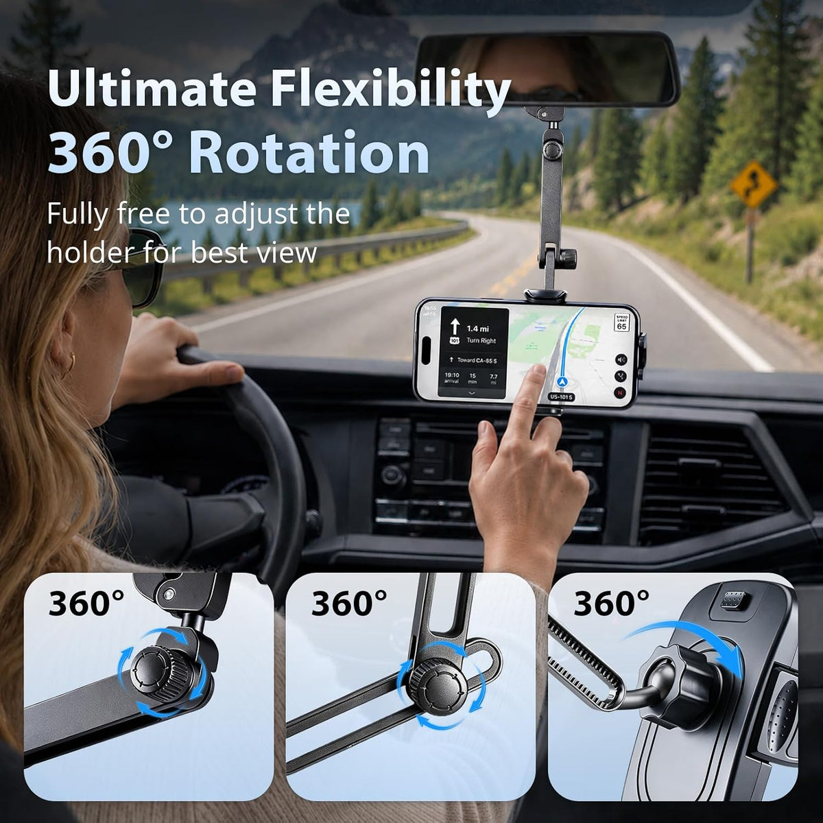 Aluminum Rearview Mirror Clip-On Universal Car Phone Mount