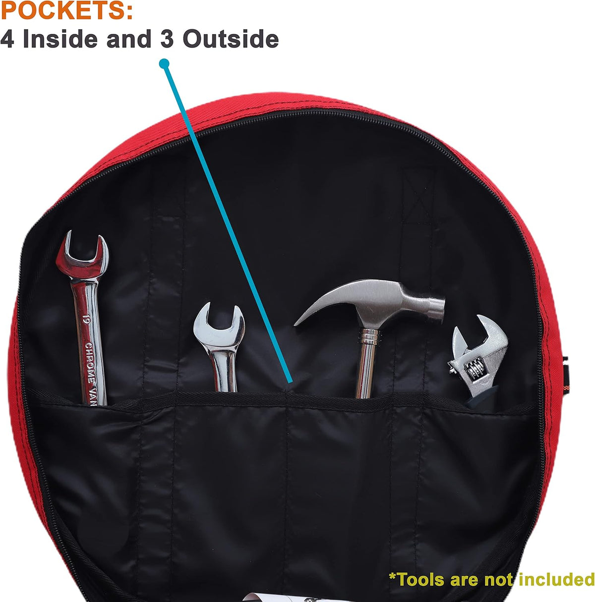 BULL TOOLS EV Charging & Jumper Cable Storage Bag, Organizer 6 Pocket Handmade Carry Bag - 15x15x4 Inch Waterproof Ballistic Polyester Round Bag, Cords, Small Tools, For Motor Vehicles - Red