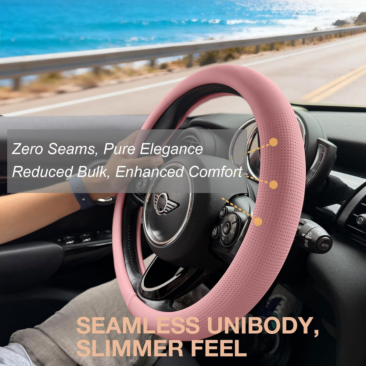 PINCTROT Large Size Nappa Leather Steering Wheel Cover 15.75In (Nappa Pink)