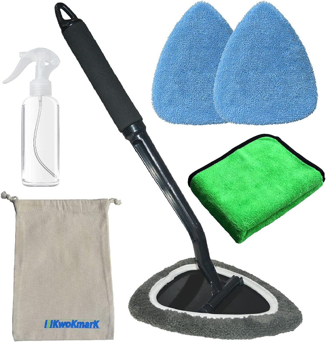 Windshield Cleaner Tool Car Window Cleaning Wand Glass Microfiber Brush Bigger Pad Thicker Softy Cloth, with Towel Spray Bottle Cloth Bag Kit TTL 6Pcs