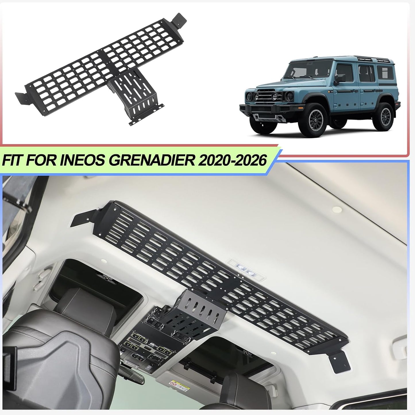 Overhead Roof MOLLE Panel Compatible with INEOS Grenadier 2020-2026 Accessories, Inner Roof Cargo Rack Storage Shelf Holder, Front Molle Panel Roof Rack Top Organizer Bracket Modular Luggage Carrier