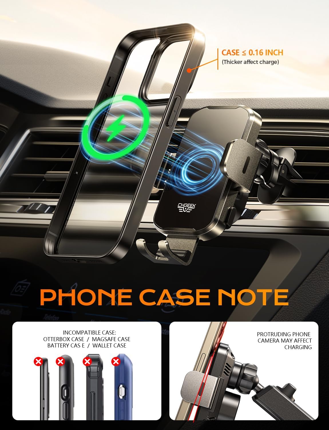 Chgeek Wireless Car Charger, 15W Fast Charging Auto-Clamping Phone Holder