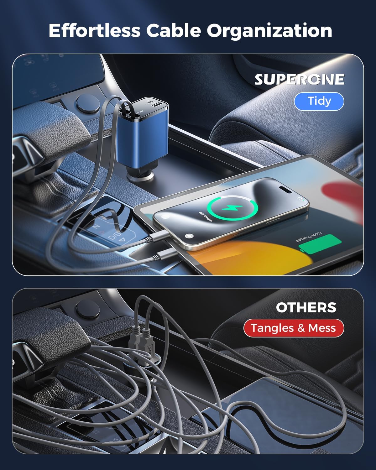 Retractable Car Charger, SUPERONE 99W Car Phone Charger with Dual Cables