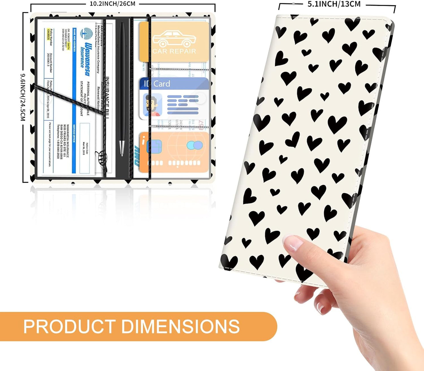 Premium Leather Car Registration and Insurance Card Holder with Magnetic Shut, Cute Vehicle License Document Glove Box Compartment Organizer Cool Car Accessories Beige Black Heart