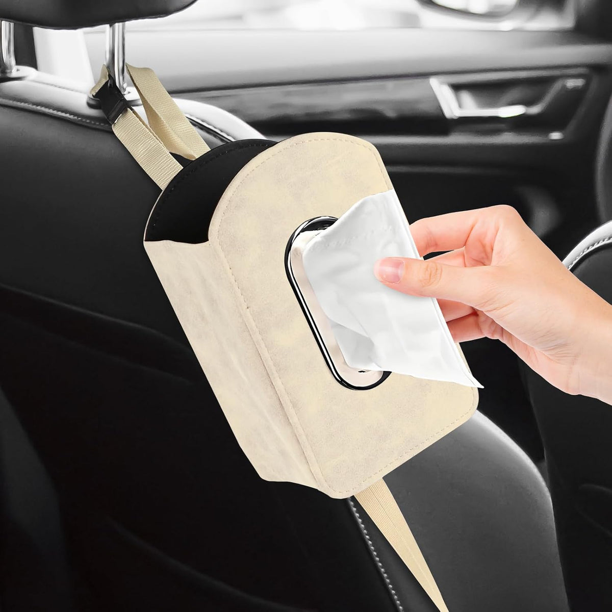 Car Seat Side Tissue Holder, Rectangular Leather Hanging Tissue Box Cover for Cars Front Seats, Automotive Seat Storage Organizer for Phone, Stuff, Universal Interior Car Accessories (Gray)