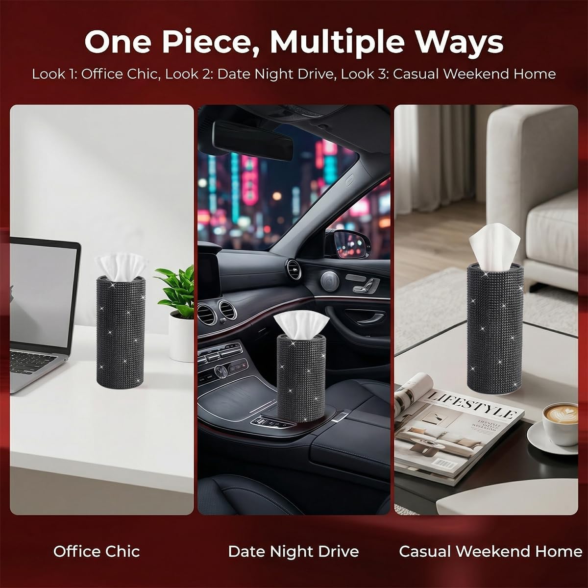 Rhinestone Car Tissue Dispenser for Interior, Black