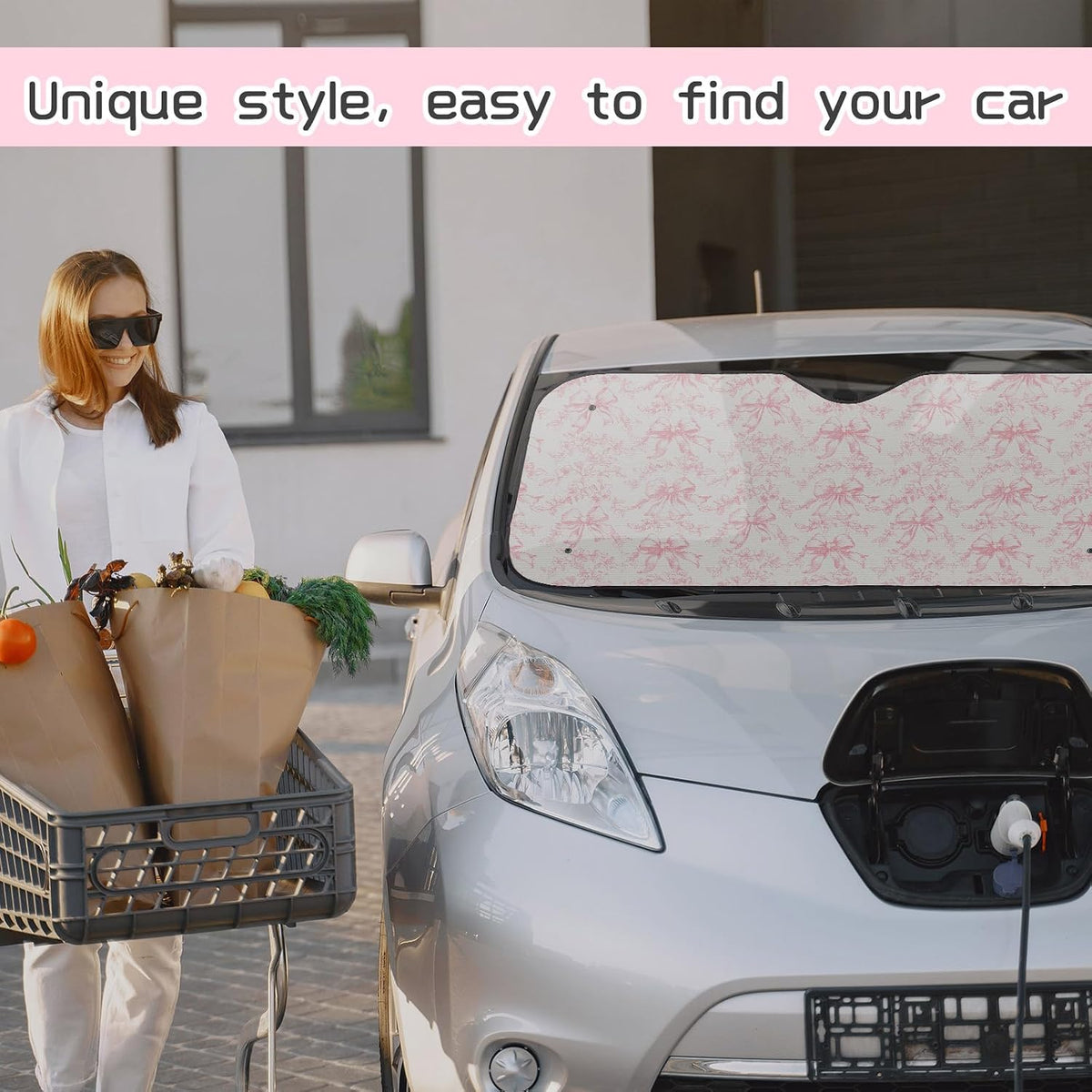 DaisyInner Pink Floral Car Windshield Sun Shade Cute Bow Cars Visor Front Windshield Sun Protector to Keep Cooler Vehicle Automotive Sunshade Interior Heat and UV Protection 55 x 27.6 Inch
